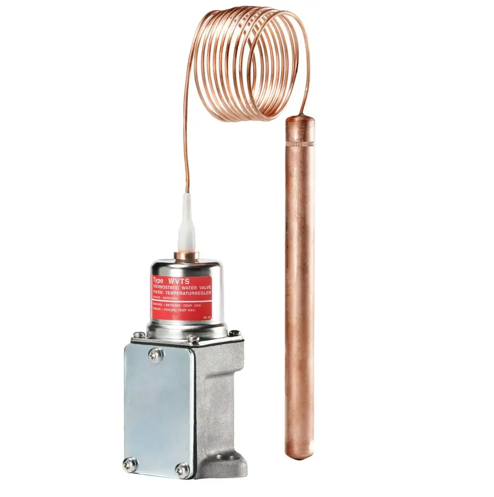 Danfoss Pilot für Wasserregelventil mit einer Kupferrohrschleife und einer Piloteinheit, die Temperaturregelung zwischen 0 °C und 30 °C ermöglicht.